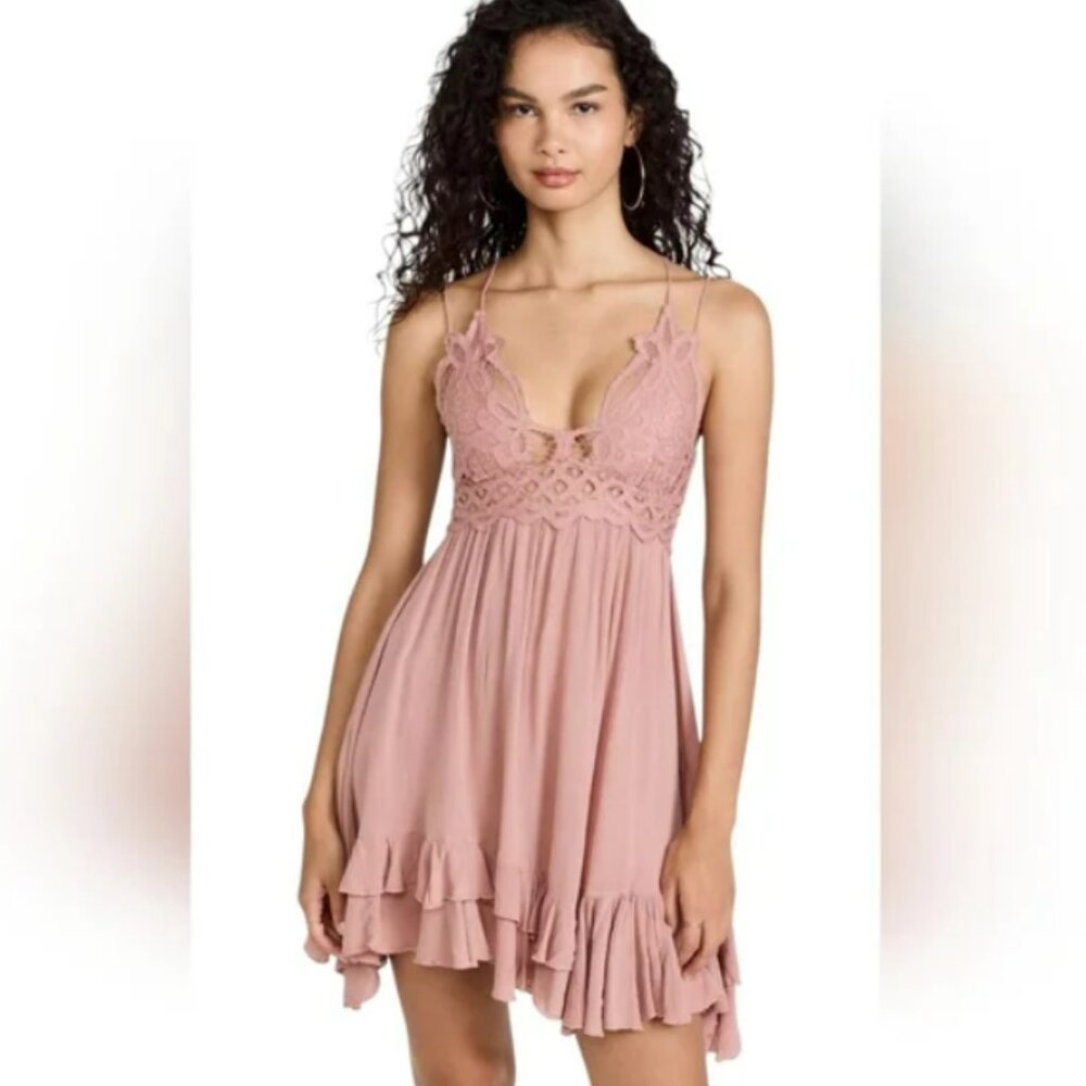 Free People Flowy Adella Mini Floral Lace Camisole Slip Dress in Rose Pink - NWT